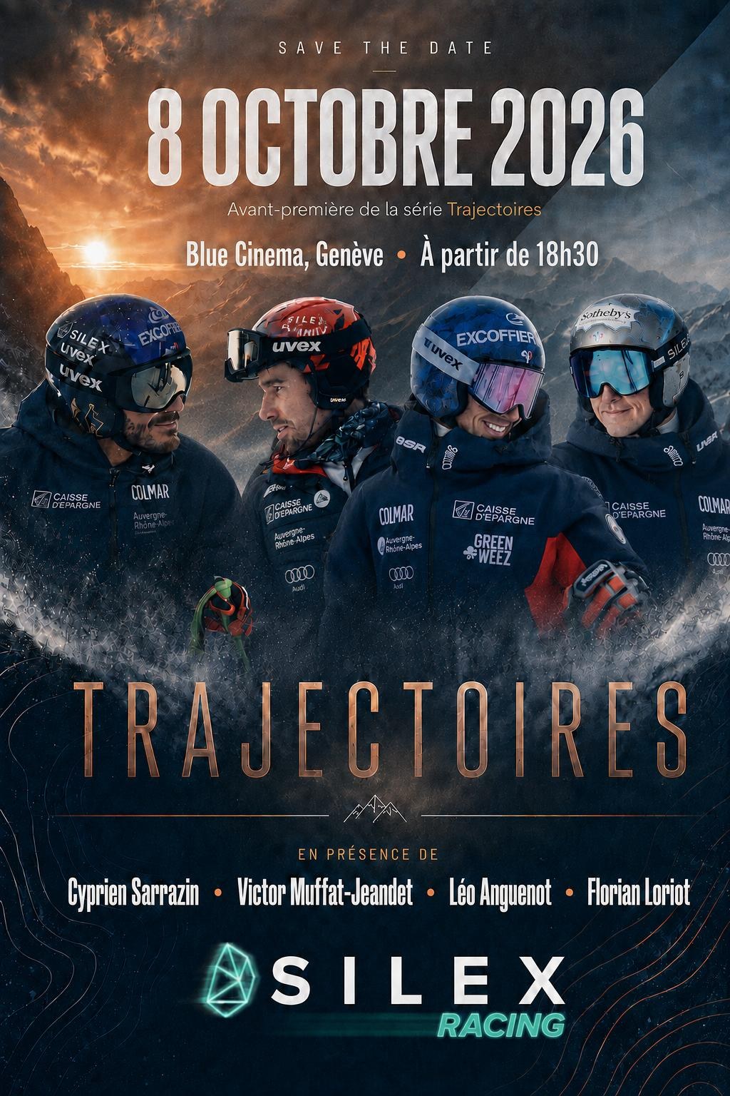 Affiche de la série Trajectoires — 8 octobre 2026, Blue Cinema, Genève, en présence de Cyprien Sarrazin, Victor Muffat-Jeandet, Léo Anguenot et Florian Loriot.